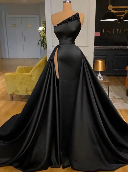 A-line Straight Pleated Sweep Train Charmeuse Prom Dress