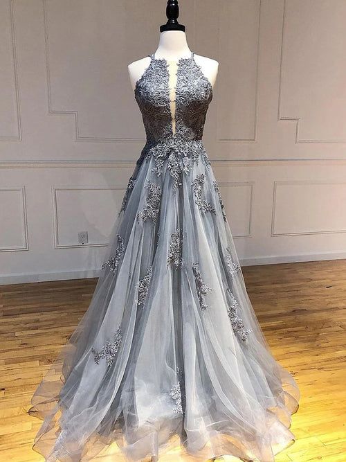 A-line Halter Appliques Lace Floor-Length Tulle Corset Prom Dress