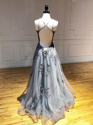 A-line Halter Appliques Lace Floor-Length Tulle Corset Prom Dress
