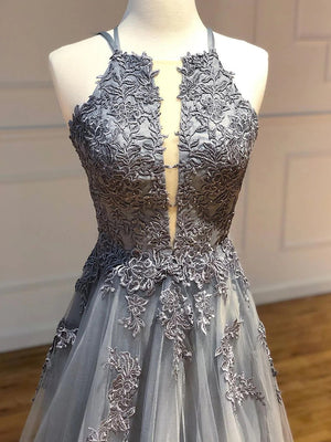 A-line Halter Appliques Lace Floor-Length Tulle Corset Prom Dress