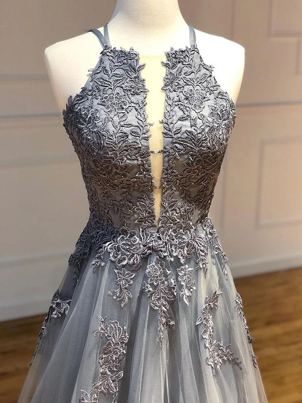 A-line Halter Appliques Lace Floor-Length Tulle Corset Prom Dress