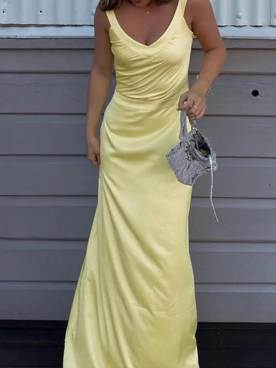 Sheath V-neck Floor-Length Silk Like Satin Prom Dress