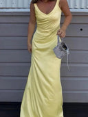 Sheath V-neck Floor-Length Silk Like Satin Prom Dress