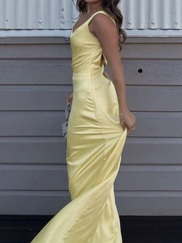 Sheath V-neck Floor-Length Silk Like Satin Prom Dress