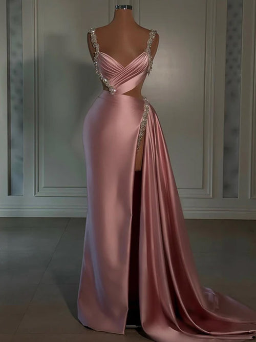 Sheath V-neck Pleated Sweep Train Silk Like Satin Corset Prom Dress