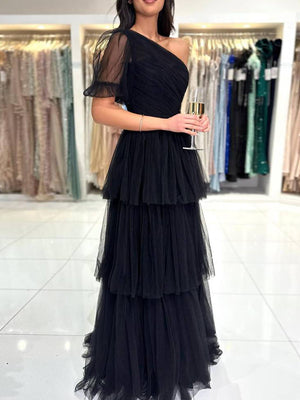 A-line One Shoulder Pleated Floor-Length Tulle Corset Prom Dress