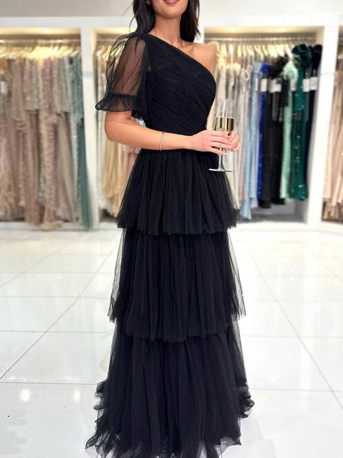A-line One Shoulder Pleated Floor-Length Tulle Corset Prom Dress