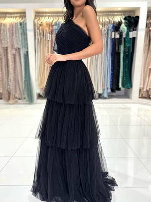 A-line One Shoulder Pleated Floor-Length Tulle Corset Prom Dress