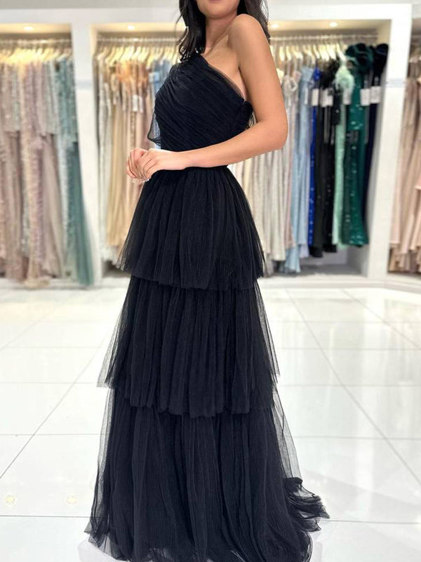 A-line One Shoulder Pleated Floor-Length Tulle Corset Prom Dress
