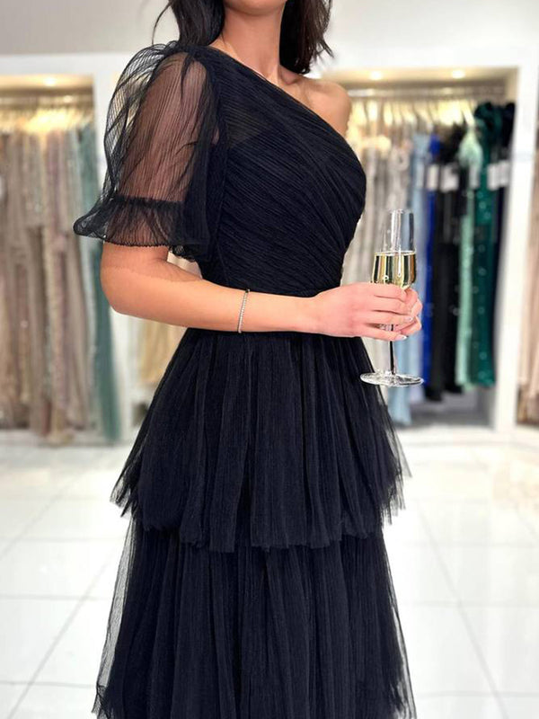 A-line One Shoulder Pleated Floor-Length Tulle Corset Prom Dress