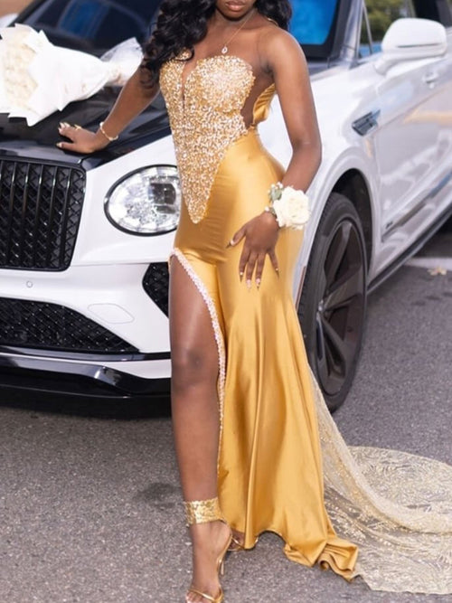 Sheath Illusion Short Sleeves Rhinestone Sweep Train Silk Like Satin Prom Dress