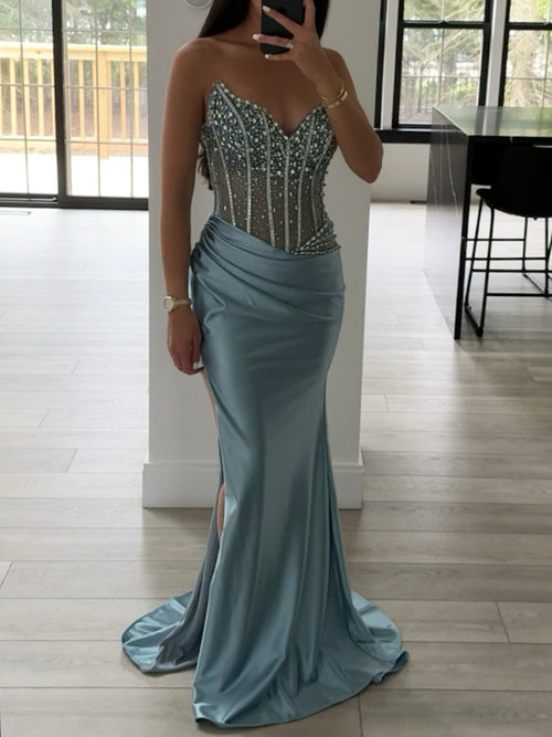 Sheath Sweetheart Pleated Sweep Train Silk Like Satin Corset Prom Dress