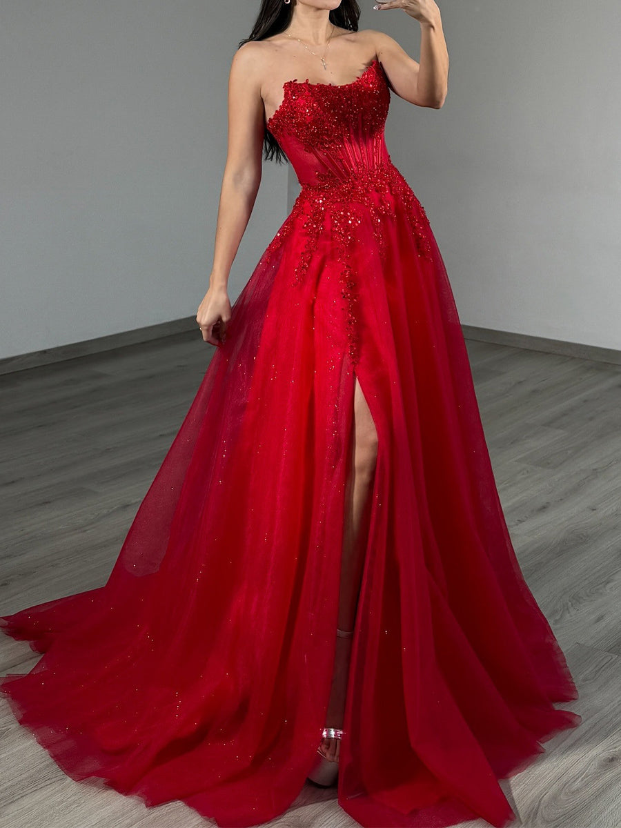 A-line Straight Appliques Lace Sweep Train Tulle Corset Prom Dress