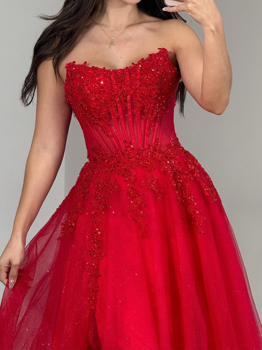 A-line Straight Appliques Lace Sweep Train Tulle Corset Prom Dress