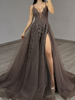 A-line Spaghetti Straps Appliques Lace Court Train Tulle Prom Dress