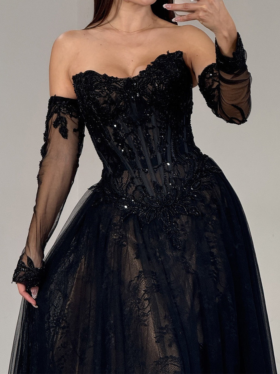 A-line Straight Long Sleeves Appliques Lace Sweep Train Tulle Corset Prom Dress