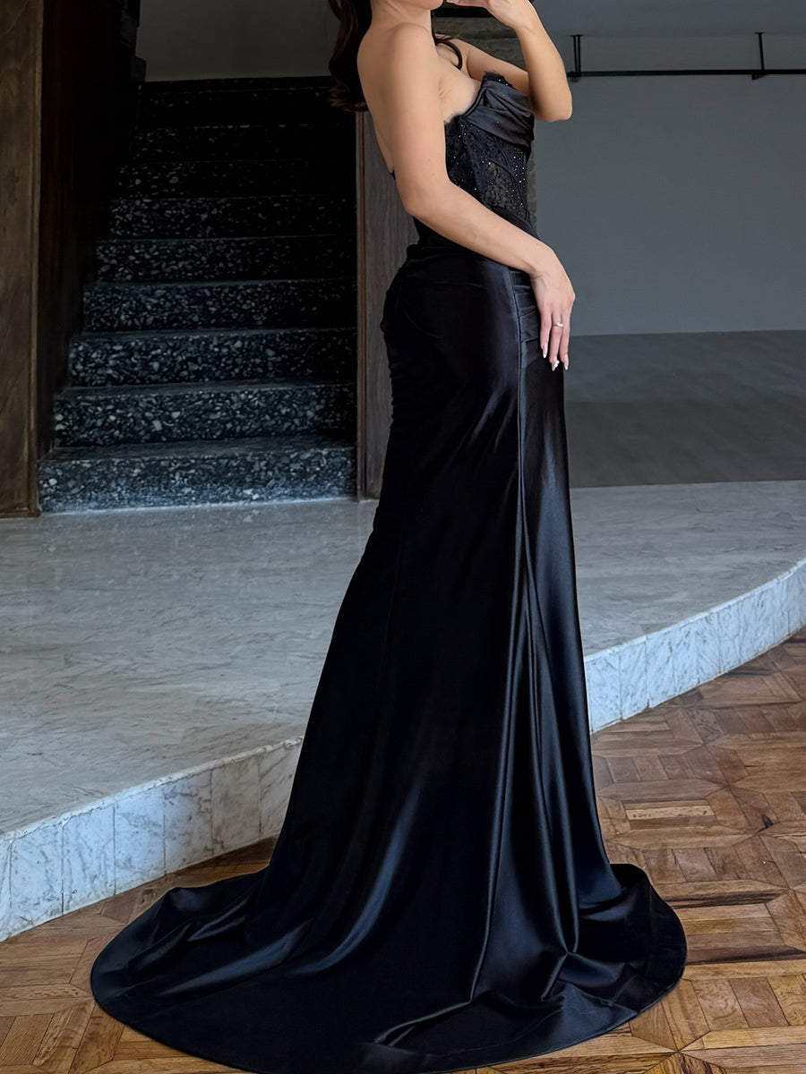 Sheath Sweetheart Appliques Lace Sweep Train Silk Like Satin Corset Prom Dress