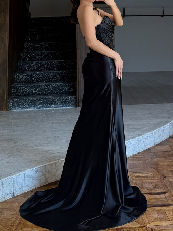 Sheath Sweetheart Appliques Lace Sweep Train Silk Like Satin Corset Prom Dress