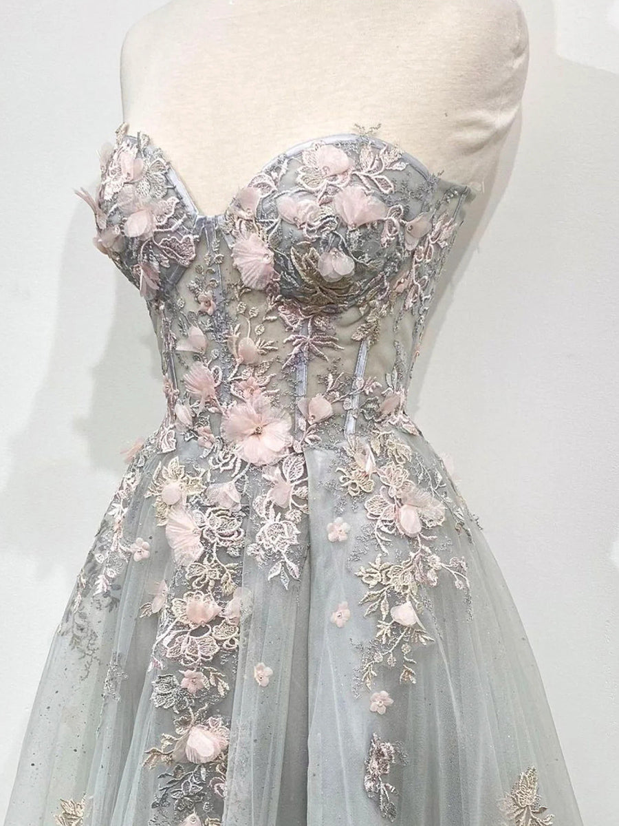 A-line Sweetheart Appliques Lace Floor-Length Tulle Corset Prom Dress