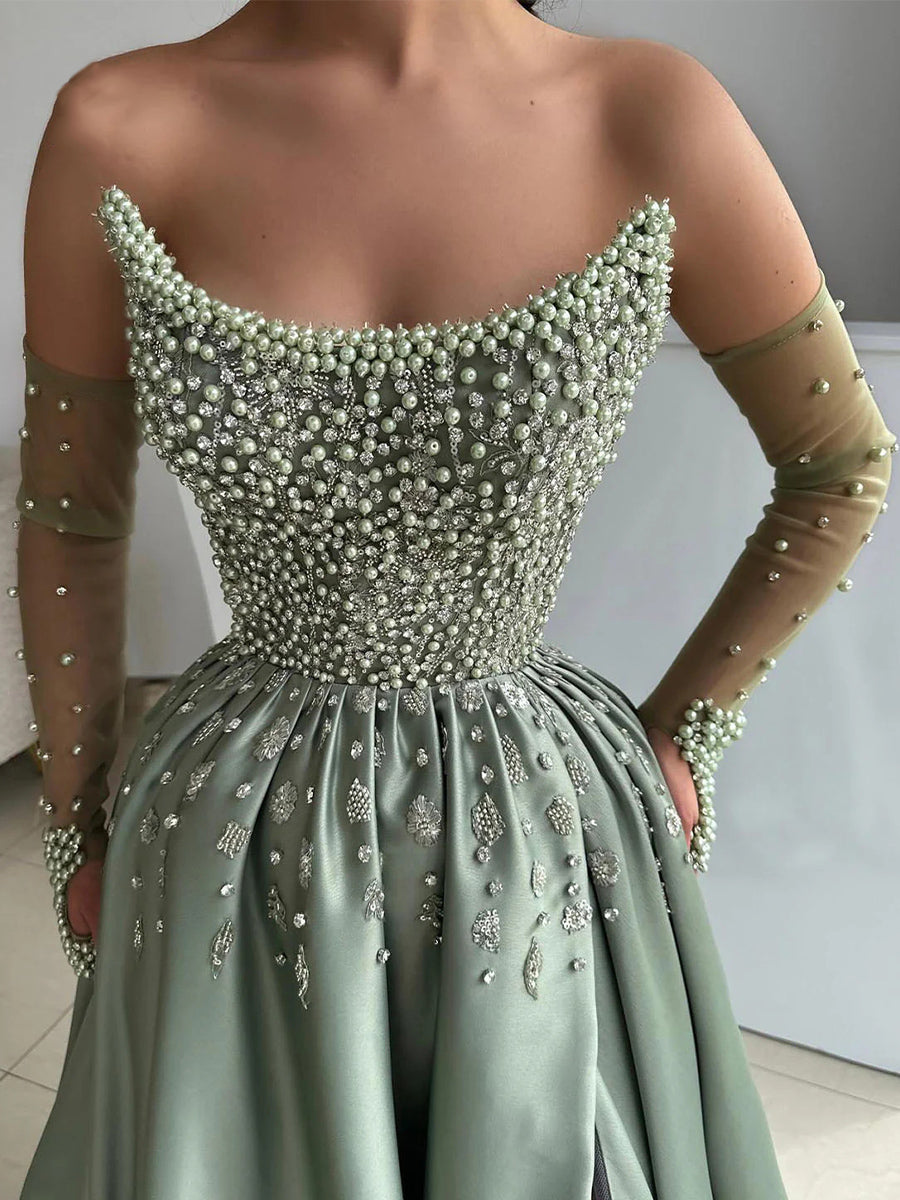 A-line Straight Long Sleeves Beading Floor-Length Silk Like Satin Corset Prom Dress