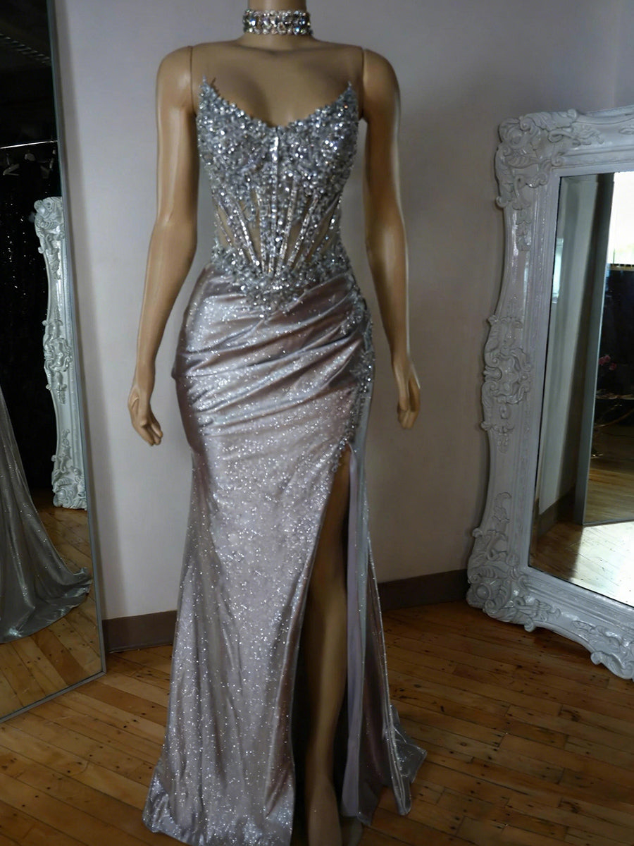 Sheath Straight Appliques Lace Sweep Train Corset Prom Dress