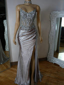 Sheath Straight Appliques Lace Sweep Train Corset Prom Dress