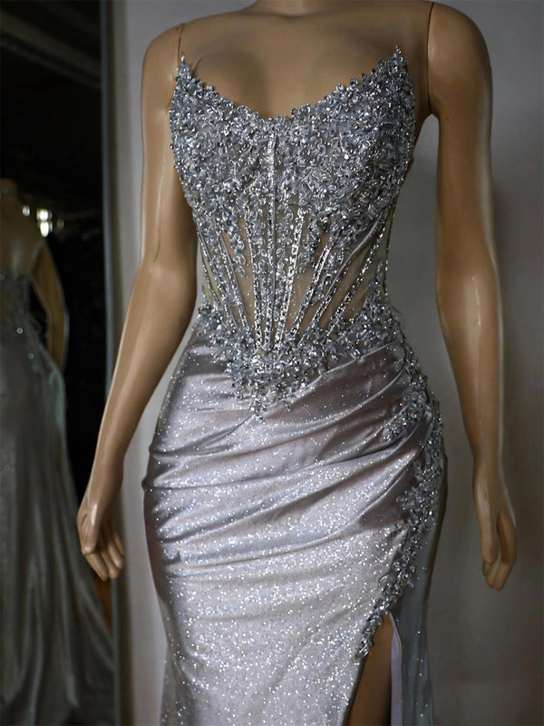 Sheath Straight Appliques Lace Sweep Train Corset Prom Dress