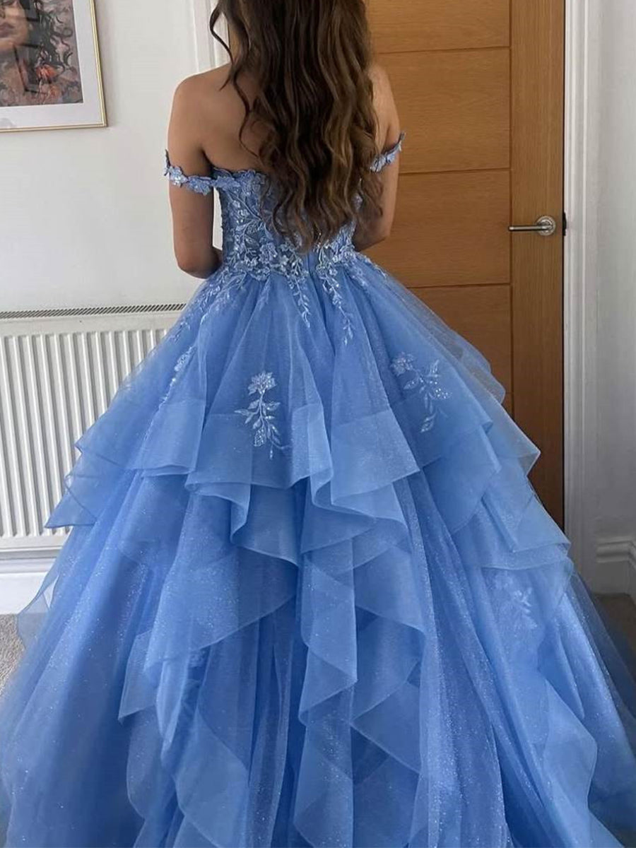 Ball-Gown Off-the-Shoulder Appliques Lace Floor-Length Tulle Corset Prom Dress