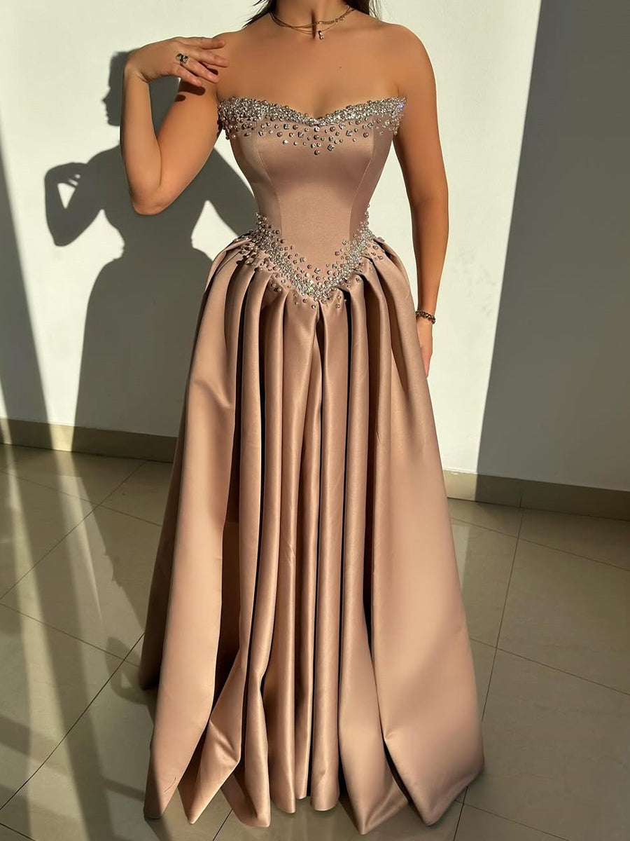 A-line Straight Beading Floor-Length Satin Corset Prom Dress