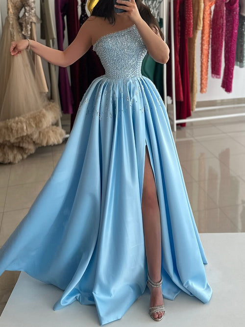 A-line One-Shoulder Beading Floor-Length Charmeuse Corset Prom Dress