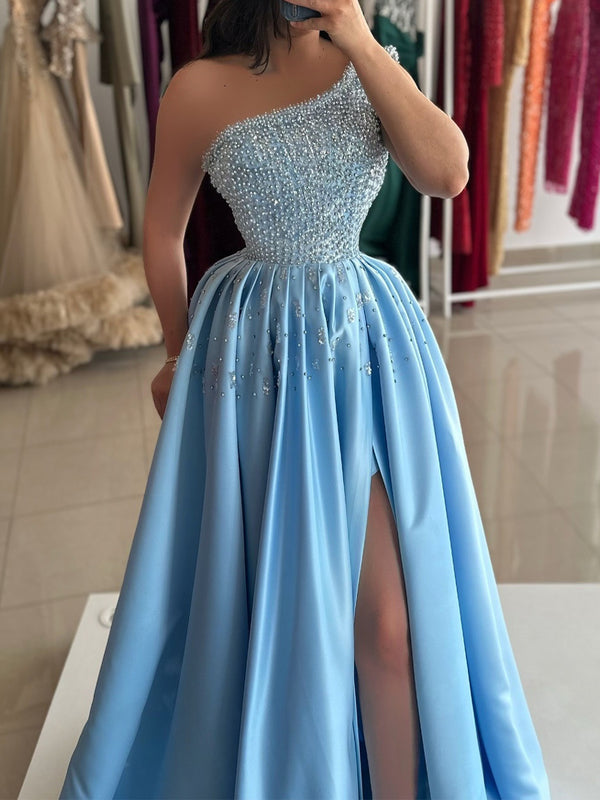 A-line One-Shoulder Beading Floor-Length Charmeuse Corset Prom Dress
