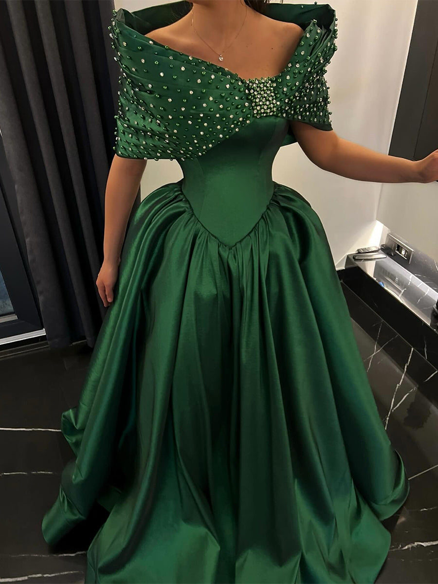 A-line Off-the-Shoulder Beading Floor-Length Satin Corset Prom Dress