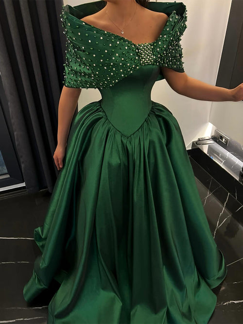 A-line Off-the-Shoulder Beading Floor-Length Satin Corset Prom Dress