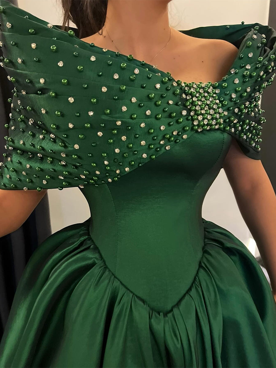 A-line Off-the-Shoulder Beading Floor-Length Satin Corset Prom Dress