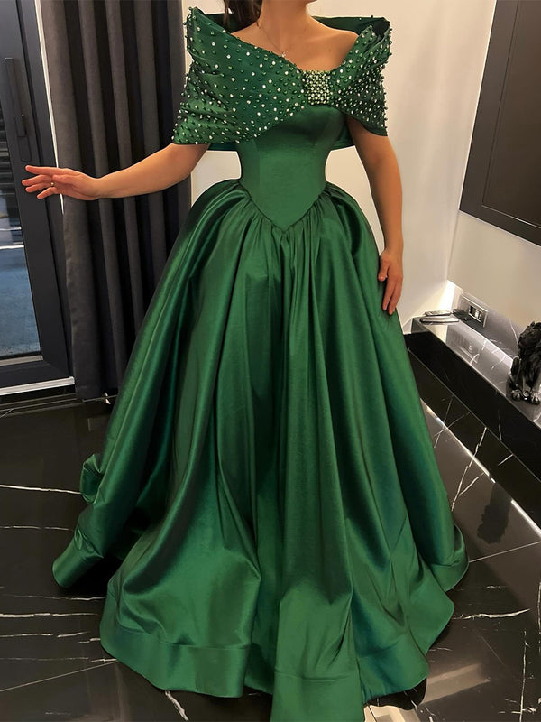 A-line Off-the-Shoulder Beading Floor-Length Satin Corset Prom Dress