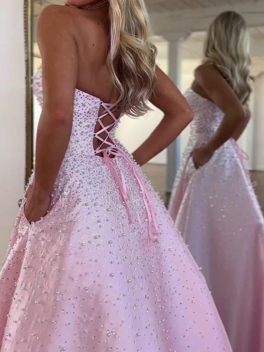 A-line Straight Beading Floor-Length Satin Corset Prom Dress