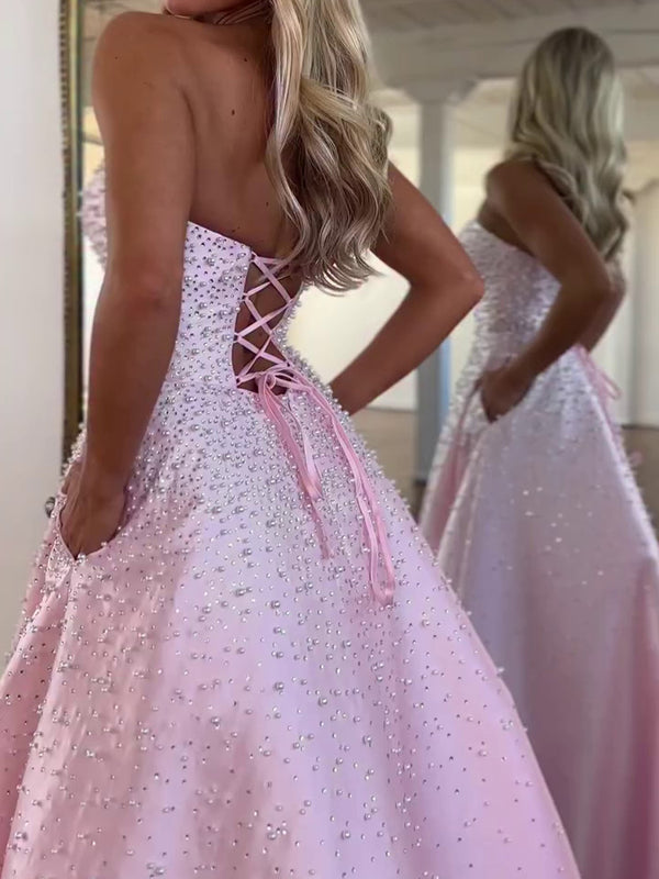 A-line Straight Beading Floor-Length Satin Corset Prom Dress