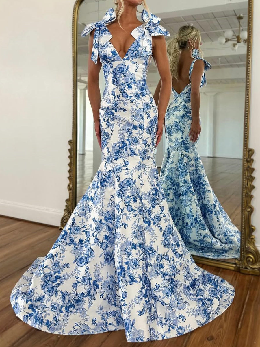 Mermaid V-neck Bow Sweep Train Prom Dress