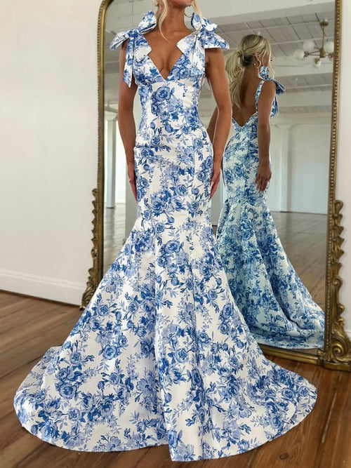 Mermaid V-neck Bow Sweep Train Prom Dress