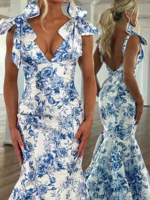 Mermaid V-neck Bow Sweep Train Prom Dress