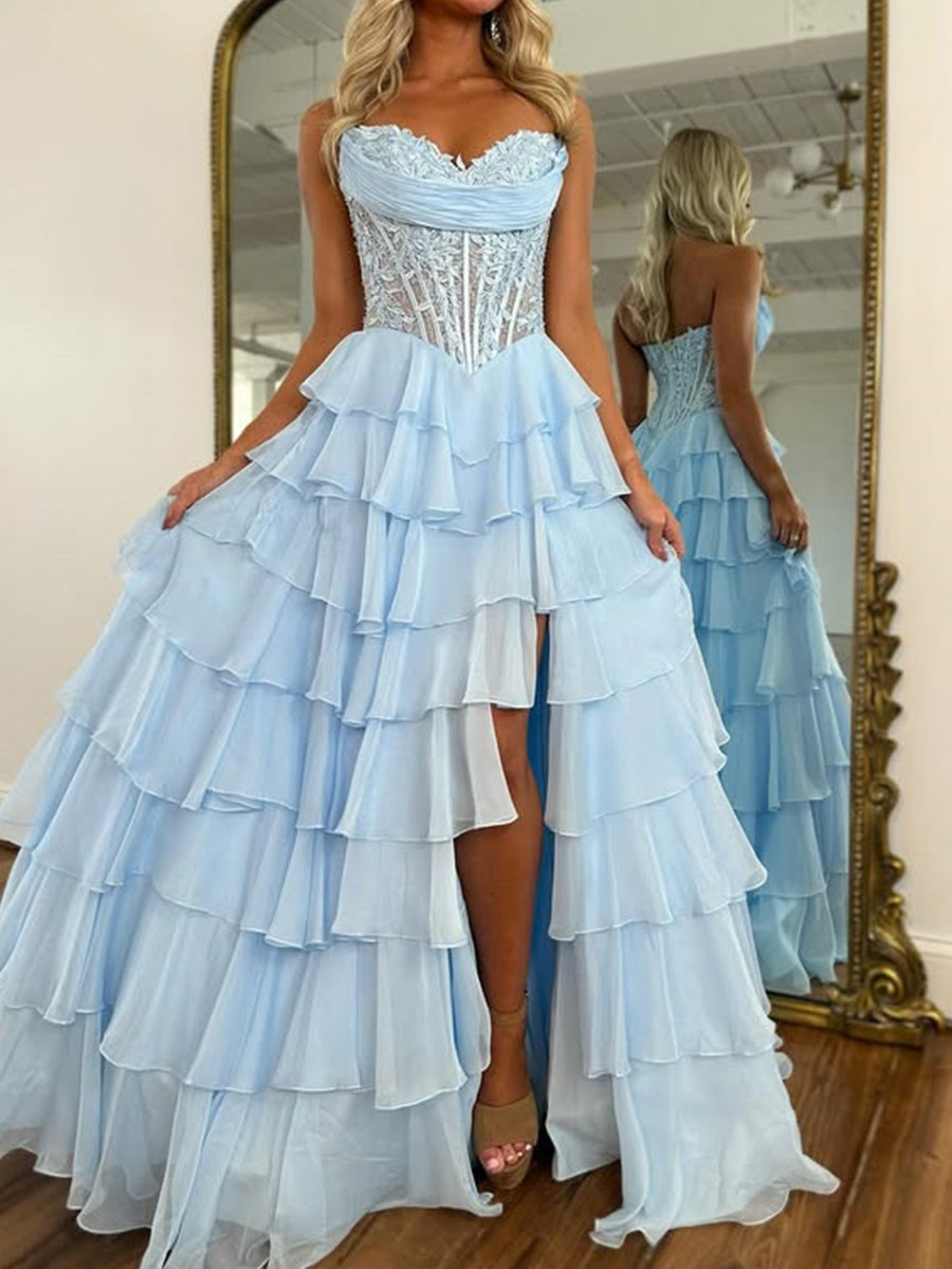 A-line Sweetheart Cascading Ruffles Sweep Train Chiffon Corset Prom Dress