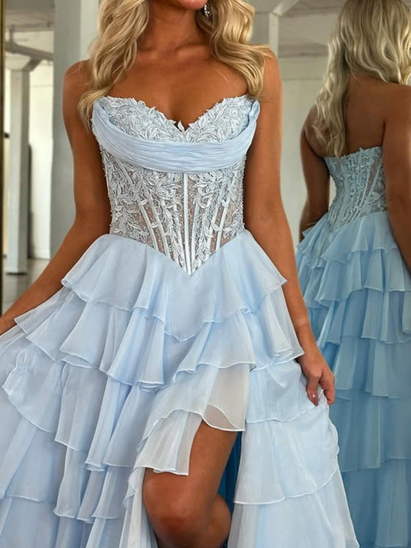 A-line Sweetheart Cascading Ruffles Sweep Train Chiffon Corset Prom Dress