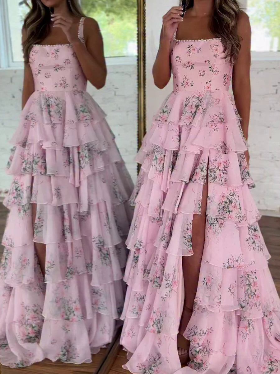 A-line Square Cascading Ruffles Sweep Train Corset Prom Dress