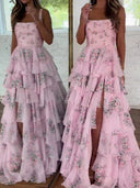 A-line Square Cascading Ruffles Sweep Train Corset Prom Dress