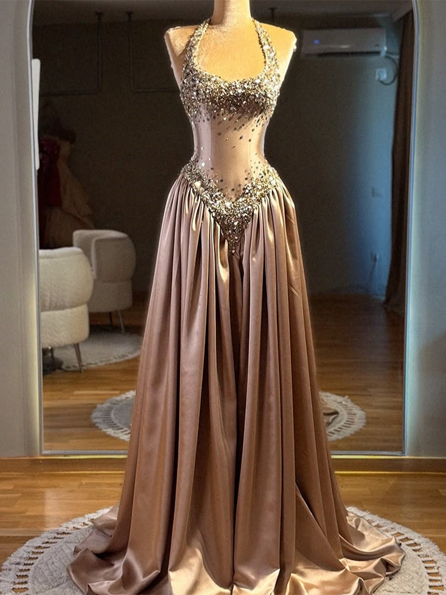 A-line Halter Sequin Sweep Train Silk Like Satin Prom Dress