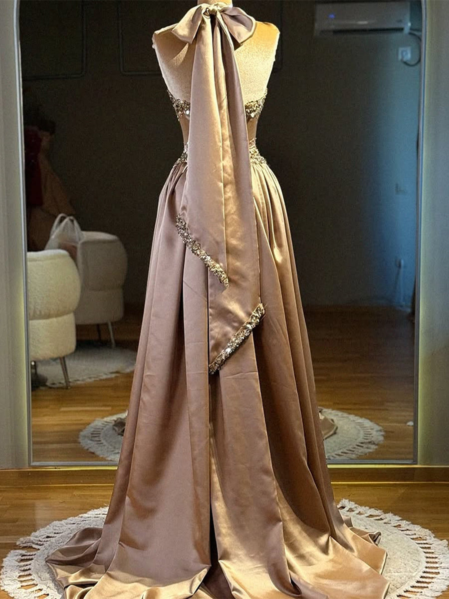 A-line Halter Sequin Sweep Train Silk Like Satin Prom Dress