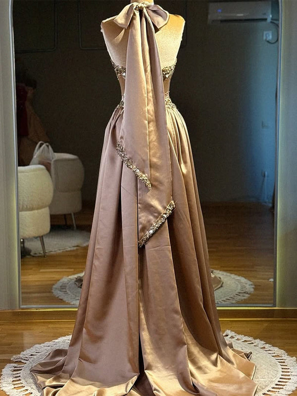 A-line Halter Sequin Sweep Train Silk Like Satin Prom Dress