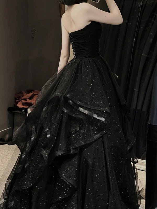 A-line Sweetheart Ruffles Floor-Length Tulle Corset Prom Dress