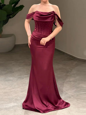 Sheath Off-the-Shoulder Pleated Sweep Train Silk Like Satin Corset Prom Dress