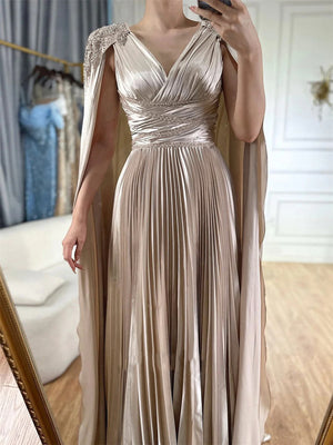 A-line V-neck Pleated Floor-Length Silk Like Satin Corset Prom Dress